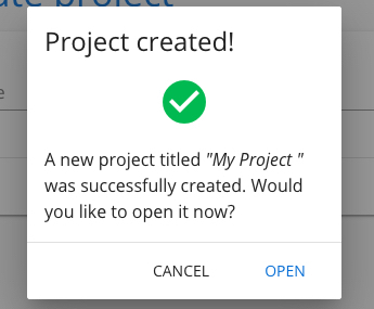 Project created popup