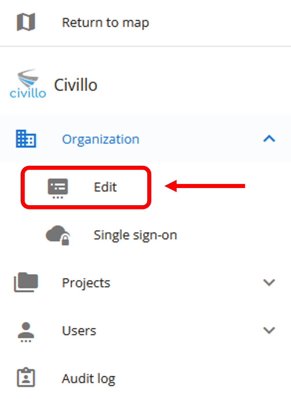 Finding the organization settings page