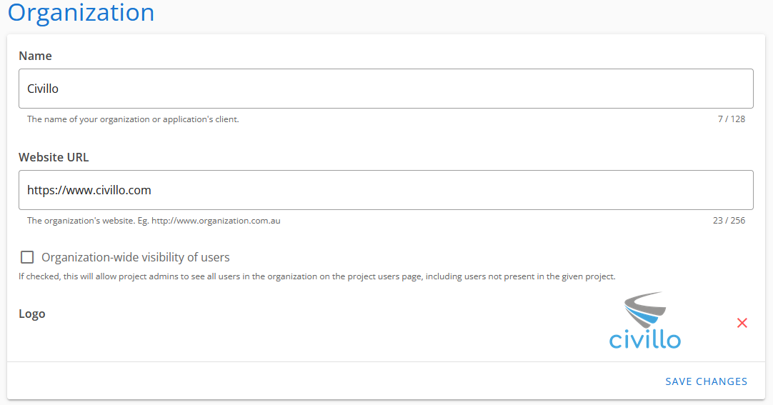 Organization settings page